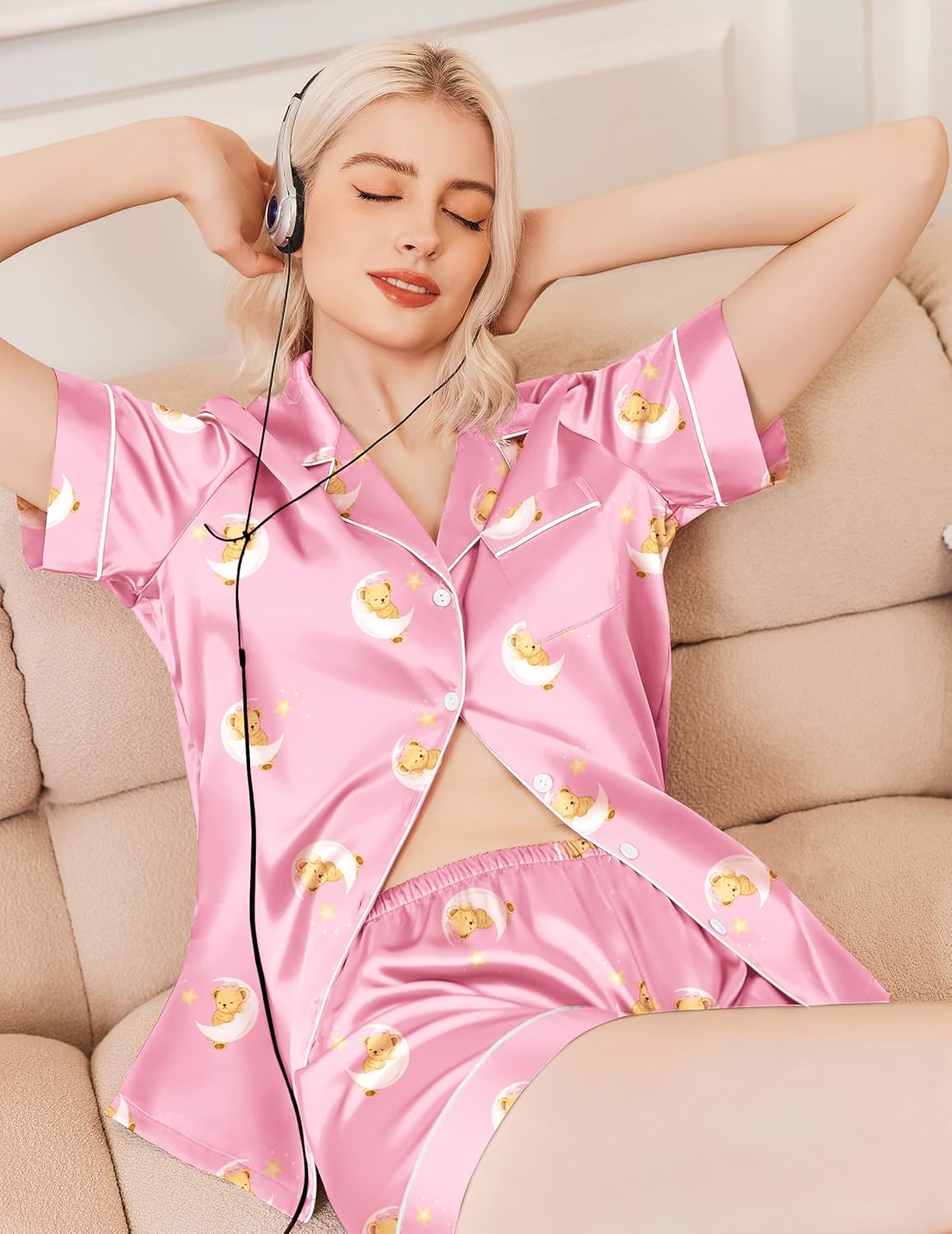 Teddy satin pajama shorts set, pink button-down top with teddy and moon pattern