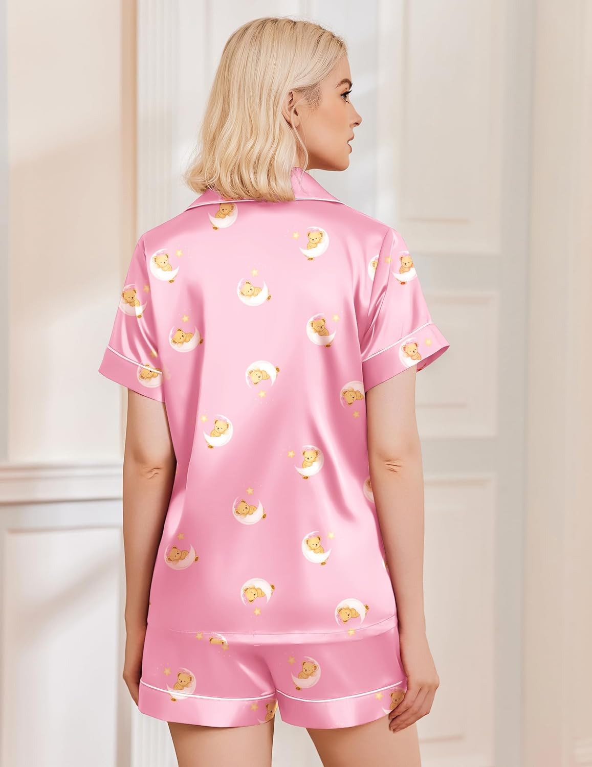 Teddy satin pajama shorts set, pink back view top with teddy pattern and matching shorts
