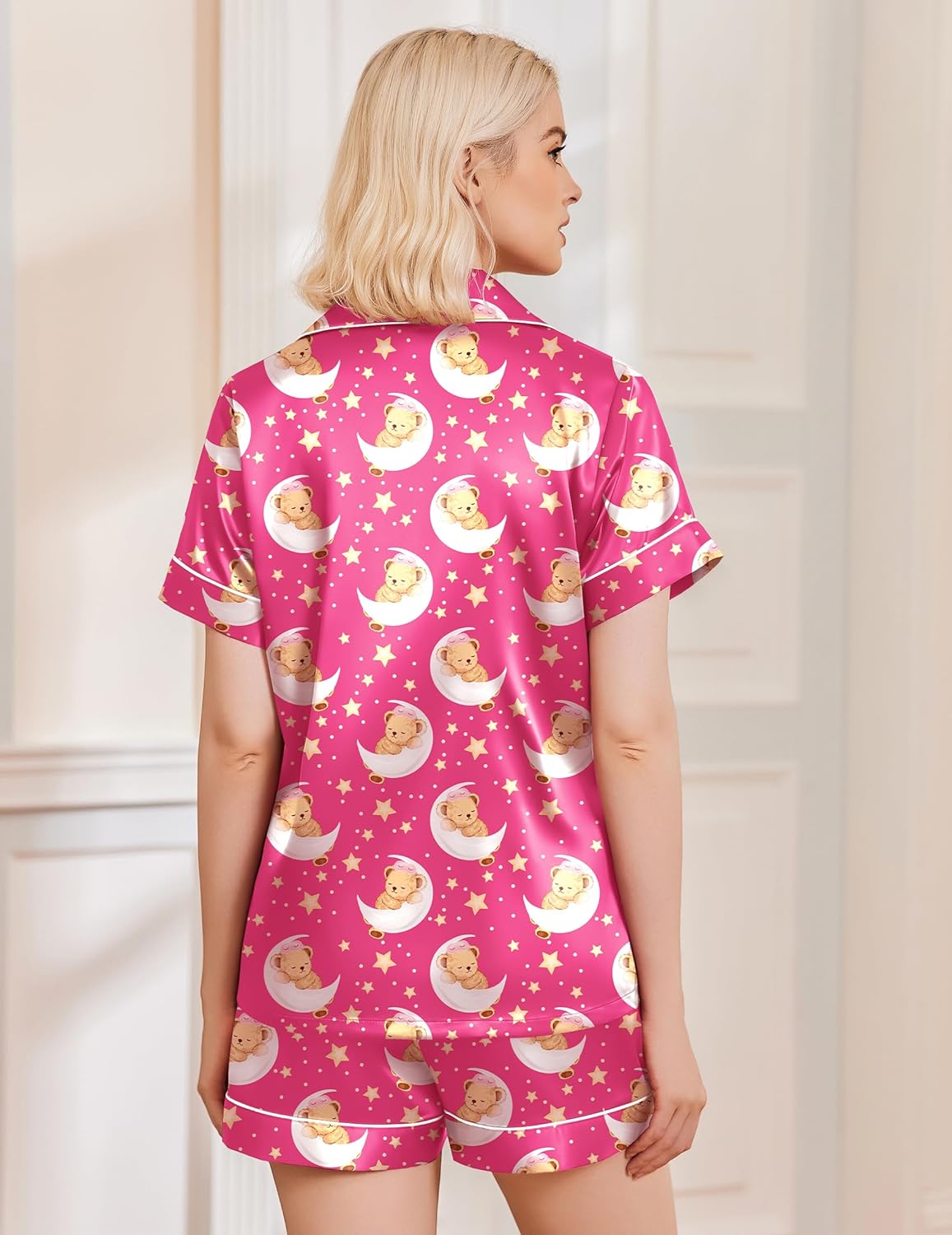 Teddy satin pajama shorts set, bright pink back view top with teddy face star pattern
