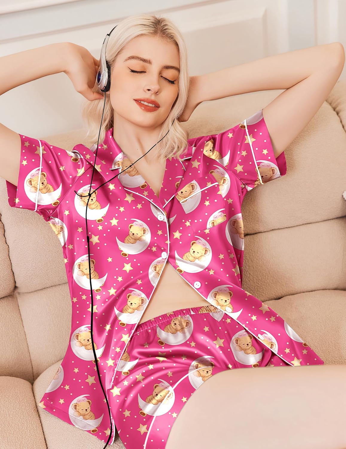 Teddy satin pajama shorts set, bright pink button-down top with teddy face and stars