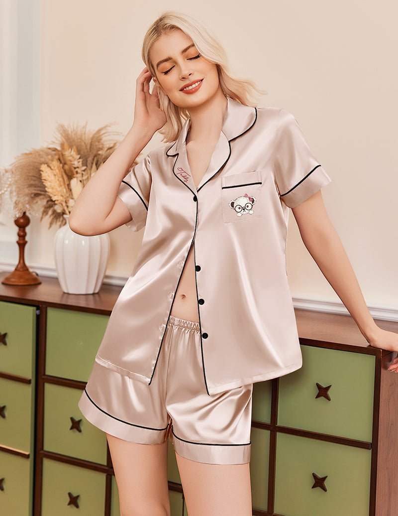 Teddy satin button-down pajama set shorts, champagne color with black trim and pocket