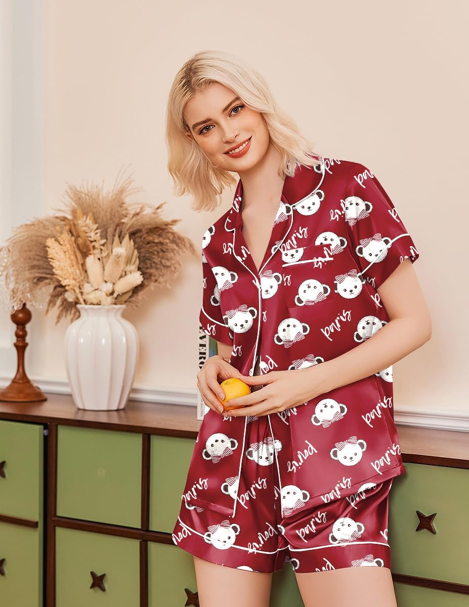 Teddy satin pajama shorts set, wine red button-down top with teddy print