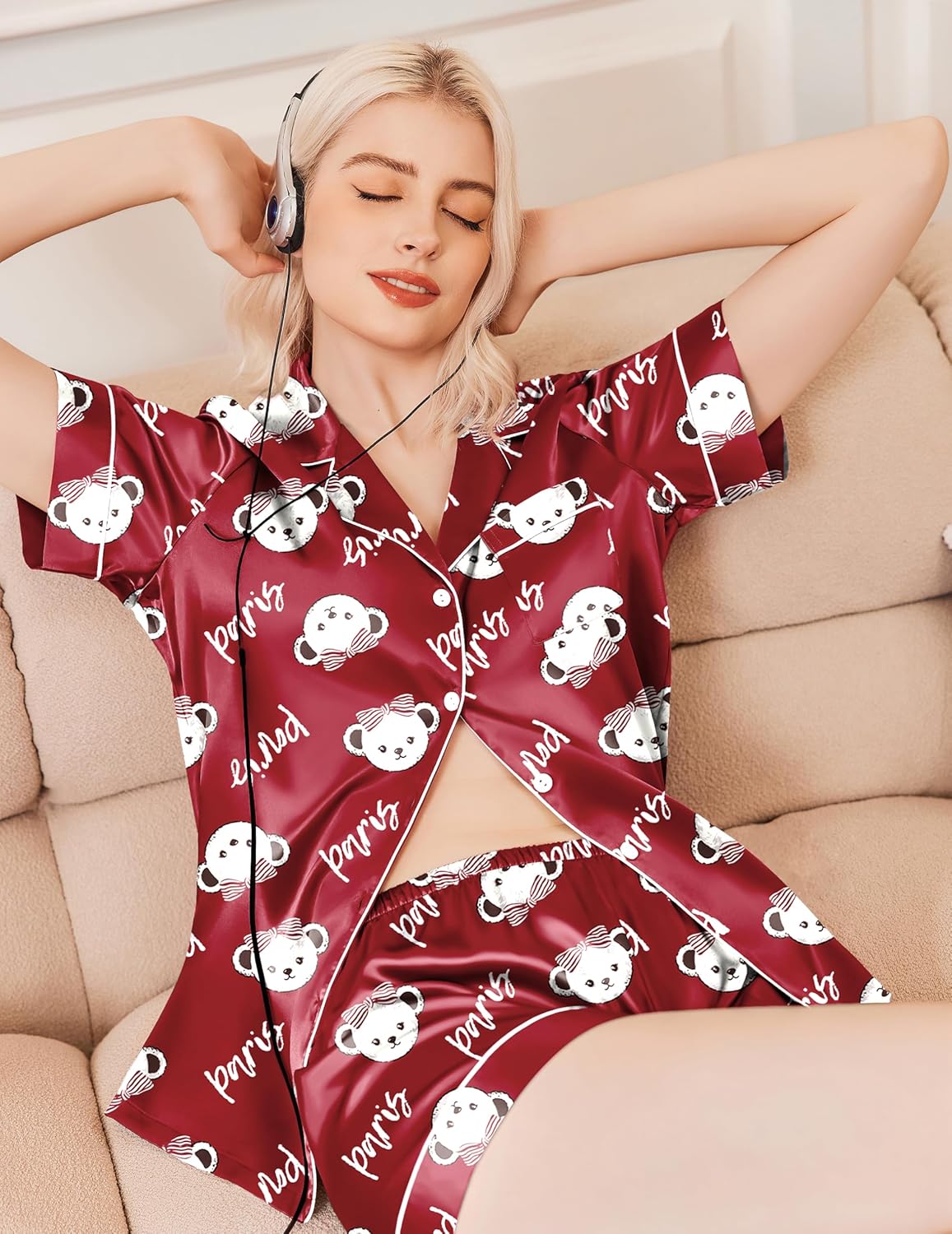 Wine red satin pajama shorts set with button-down top and all-over teddy print