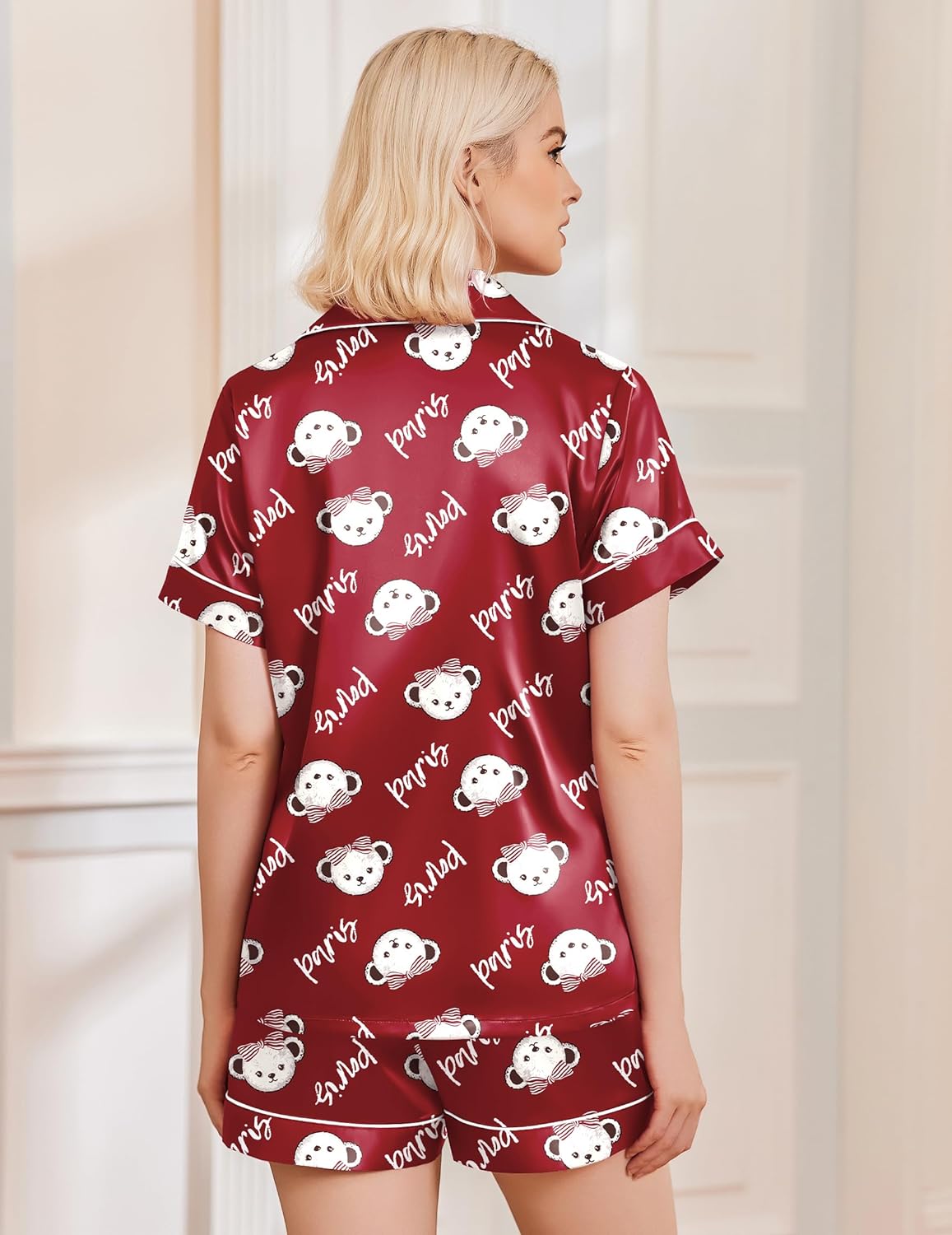 Wine red satin teddy pajama set shorts, back view with repeating bear pattern