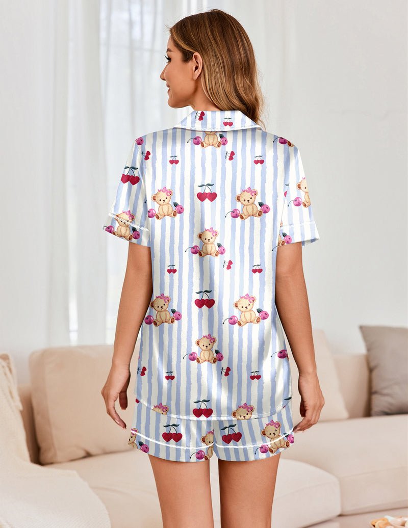 Back view of blue striped satin pajama set with teddy and heart prints, short sleeve top