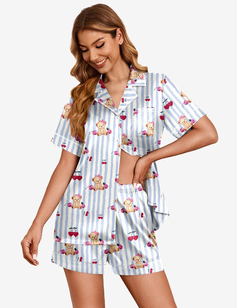 Satin pajama set in light blue vertical stripes with teddy and heart prints, short sleeves