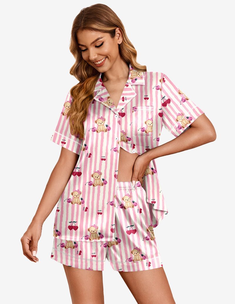 Satin pajama set in pink vertical stripes with teddy and heart prints, short sleeves
