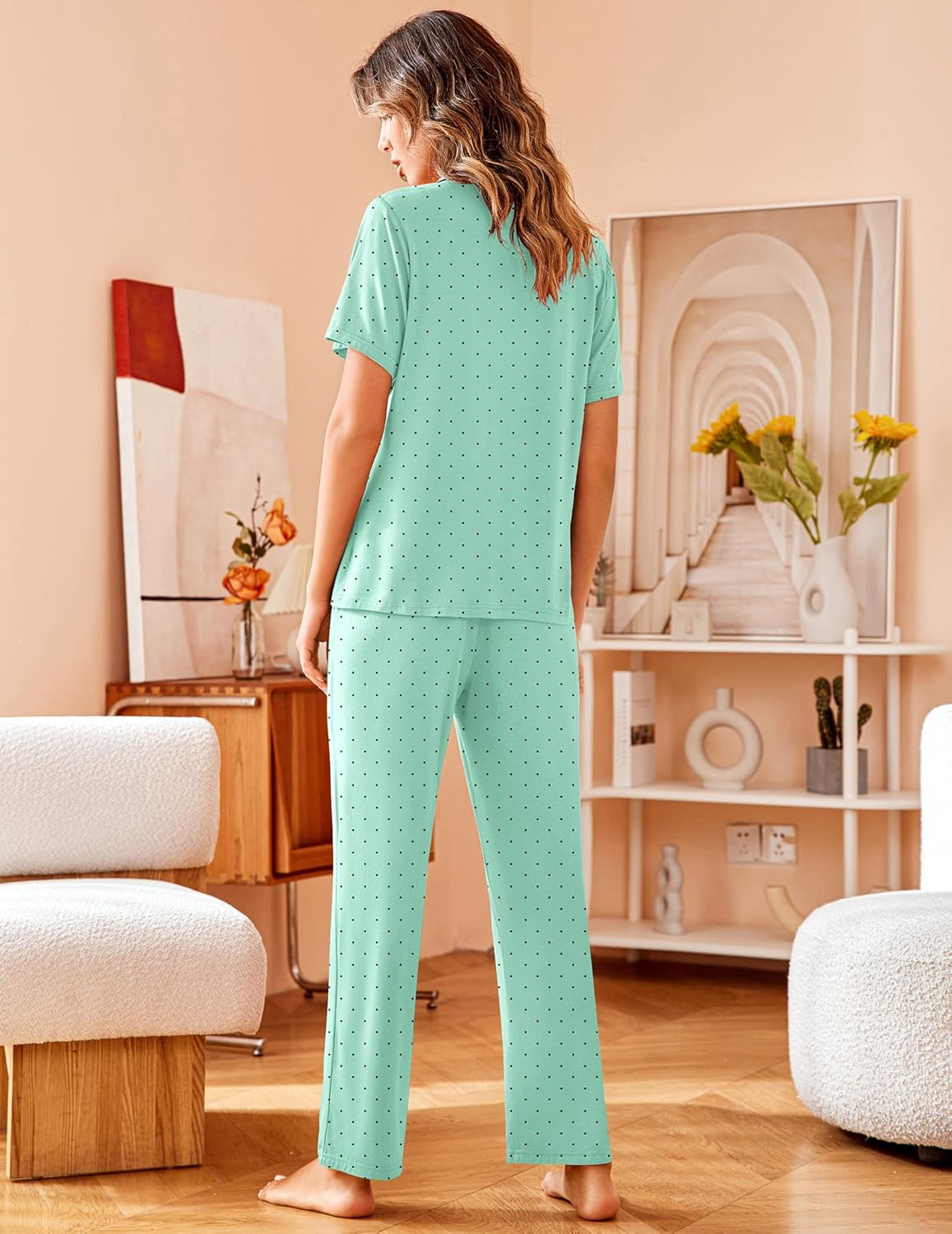 Soft pajama set, notch collar, short sleeves, teal dot print pants (back view)