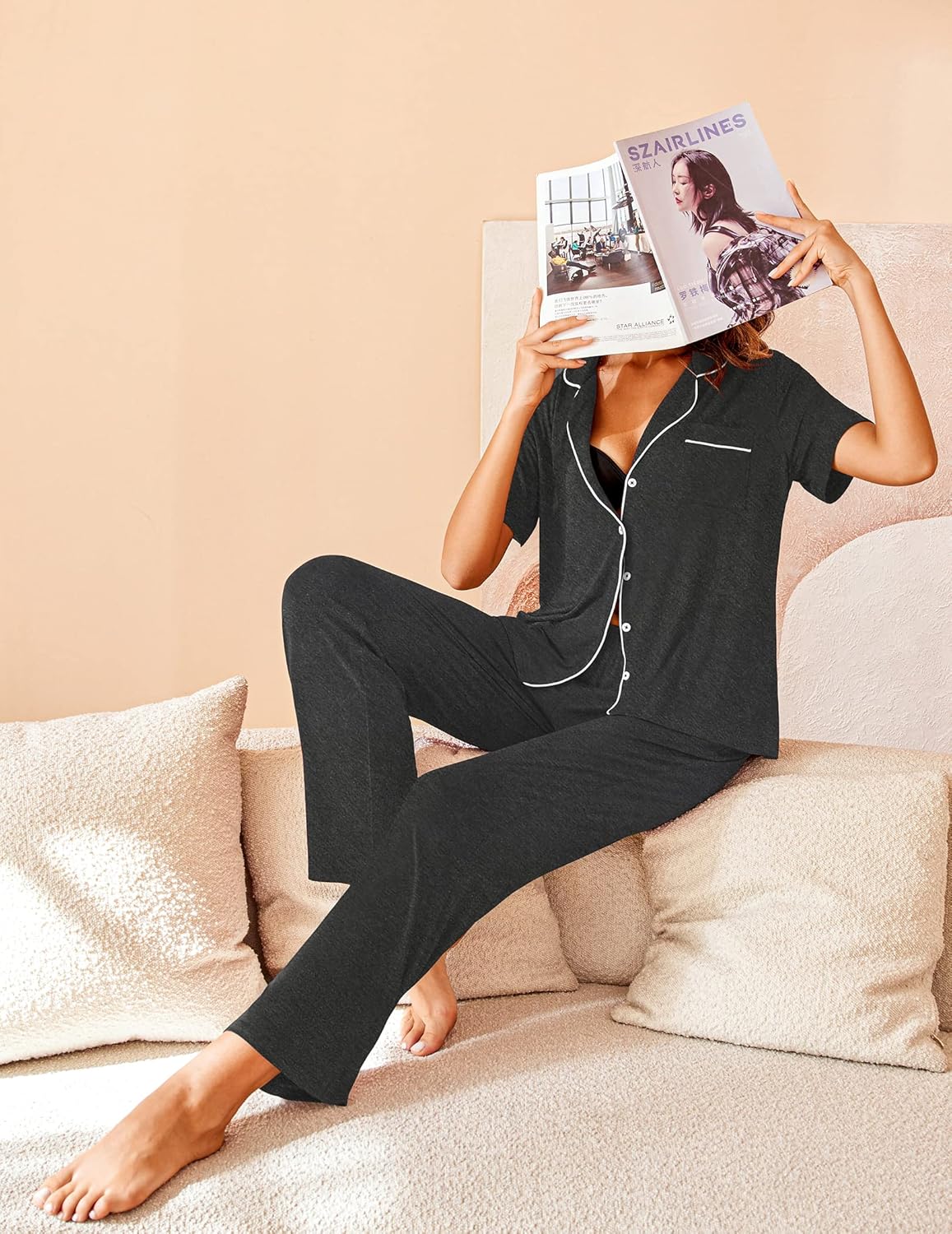 Dark gray/black pajama set, short-sleeve button top and long pants, lounging