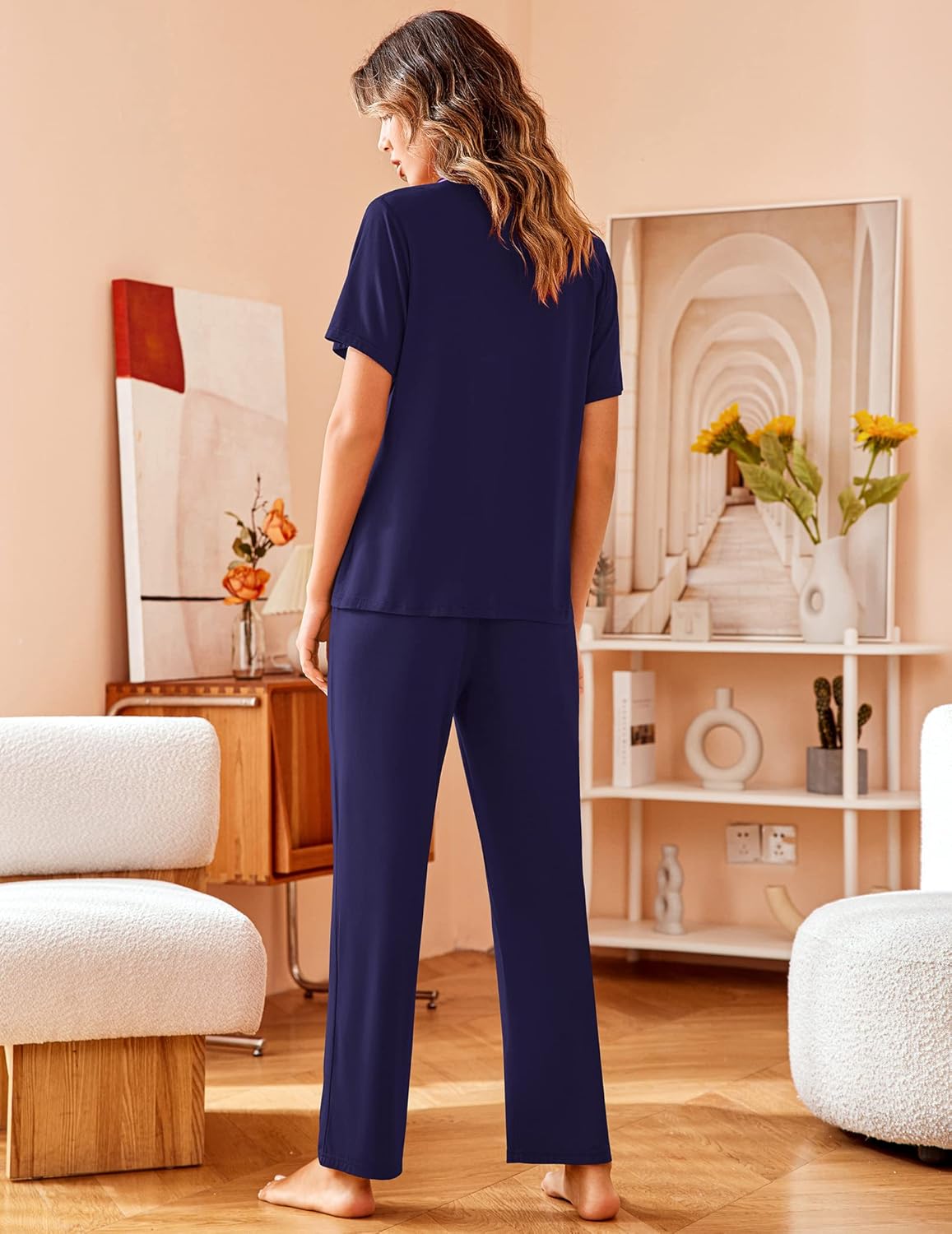 Navy pajama set, short sleeves and long straight trousers; button front top