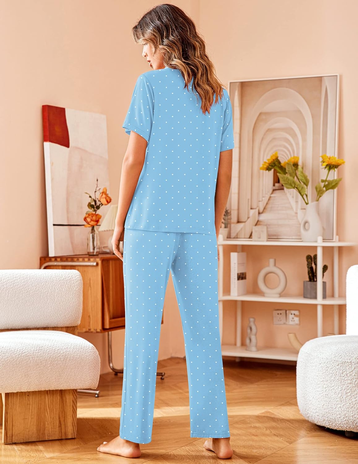 Powder blue dotted pajama set, notch collar short-sleeve top and straight long pants