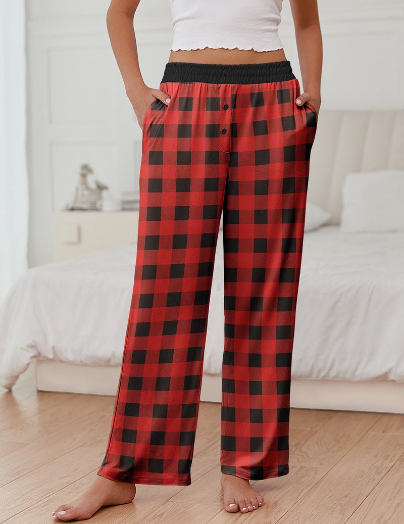 Red-and-black plaid pajama pants with elastic waistband and wide legs