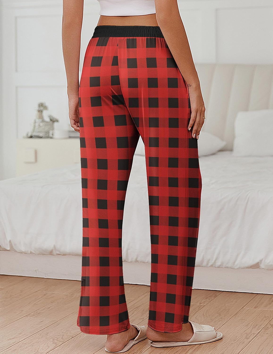 Red-and-black plaid lounge pants with elastic waistband and wide legs