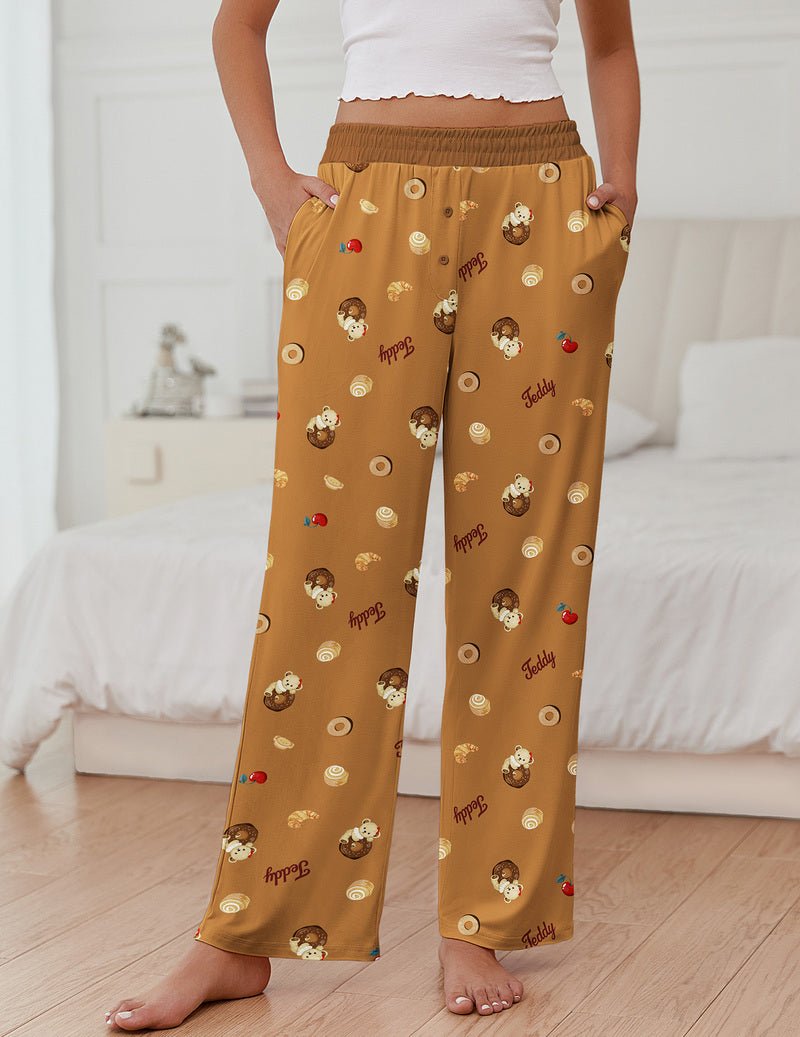 Teddybär-Print Pyjamahose, braun, breiter elastischer Bund, Knopfverschluss, lang