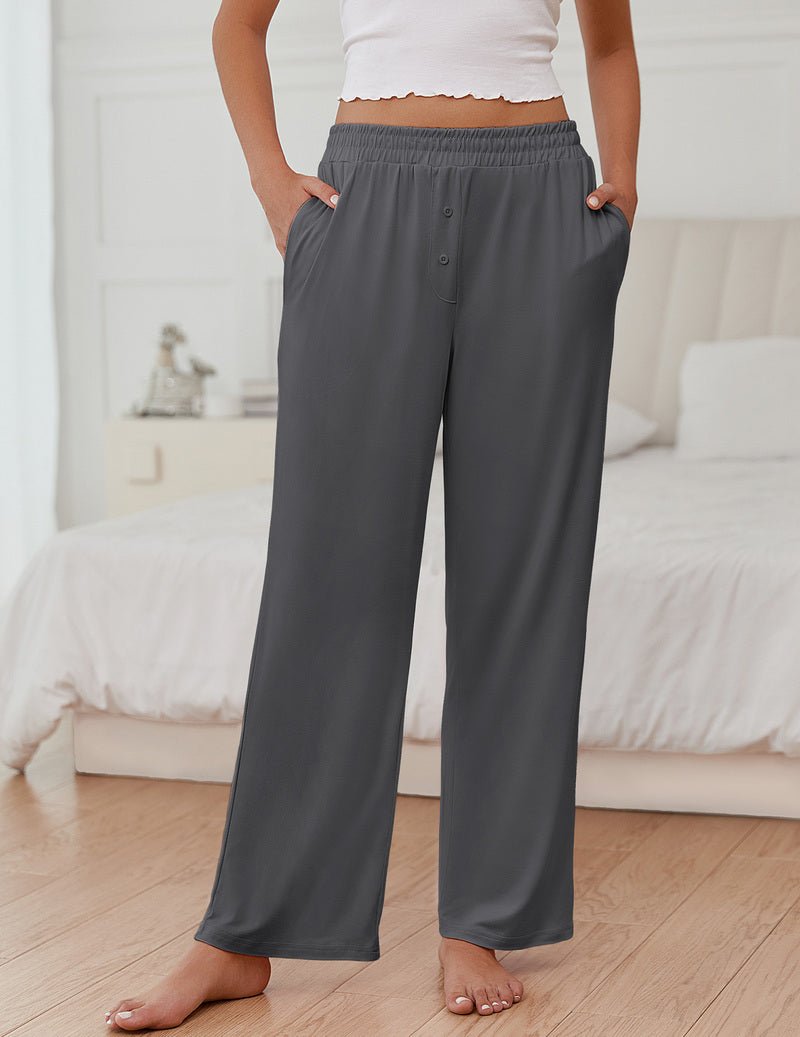 Women's gray pajama pants with elastic waistband and wide-leg straight drape