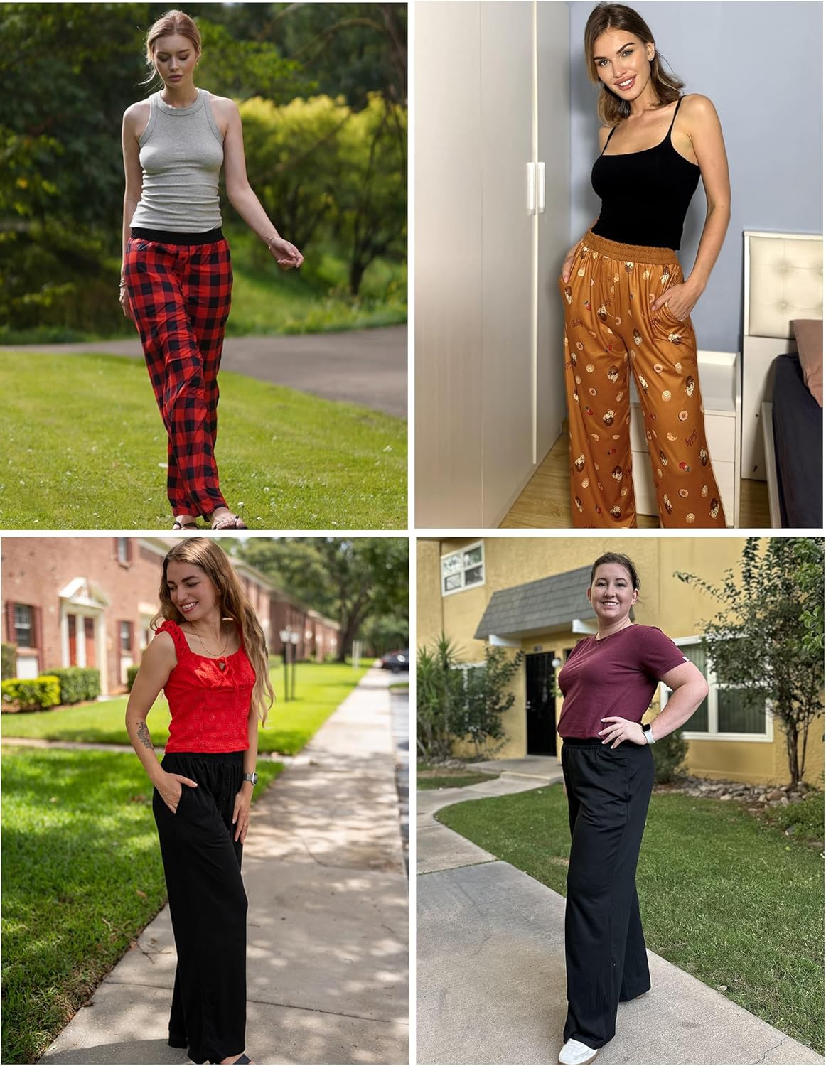 Soft pajama pants shown in plaid, patterned, and solid colors