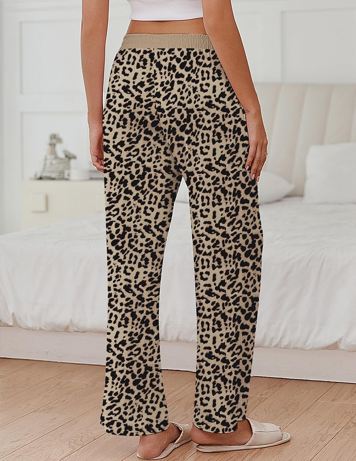 Leopard print lounge pants with elastic waistband and wide relaxed legs