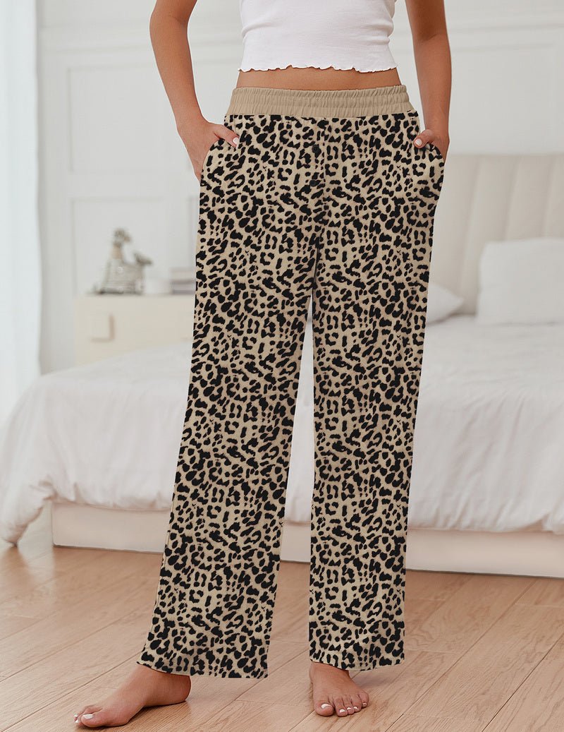 Leopard print pajama pants with elastic waistband and wide, relaxed legs