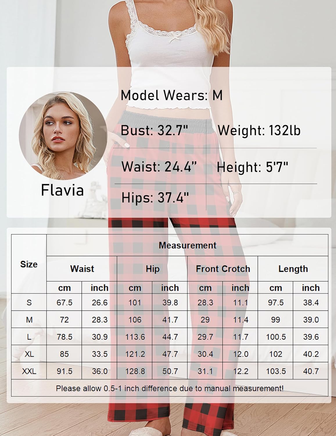 Teddy pajama pants with size chart and model measurements overlay
