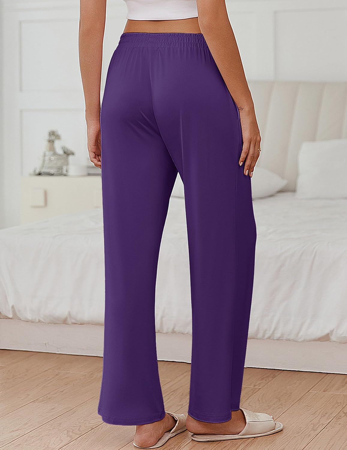 Purple lounge pajama pants with elastic waistband and wide straight legs