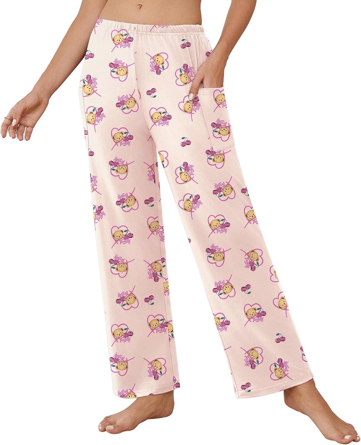 Apricot teddy pajama pants with pink character print, elastic waistband, wide straight legs