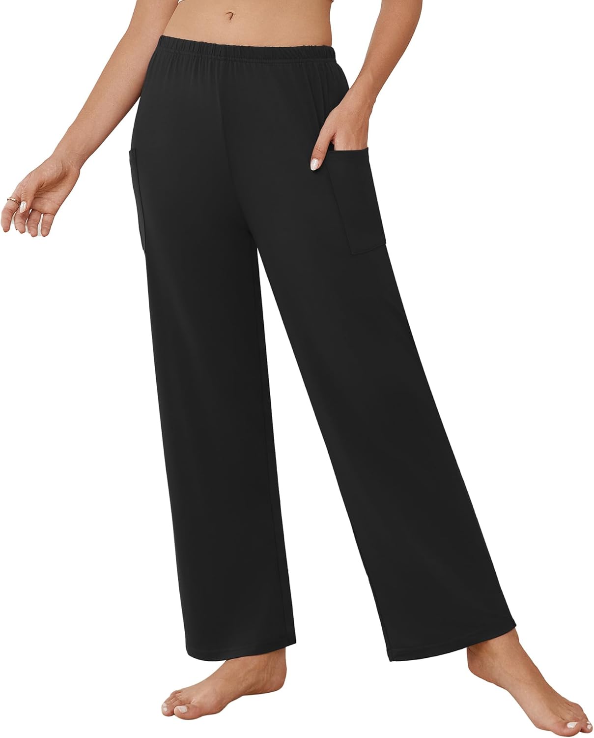Black pajama lounge pants with elastic waistband and relaxed wide-leg cut
