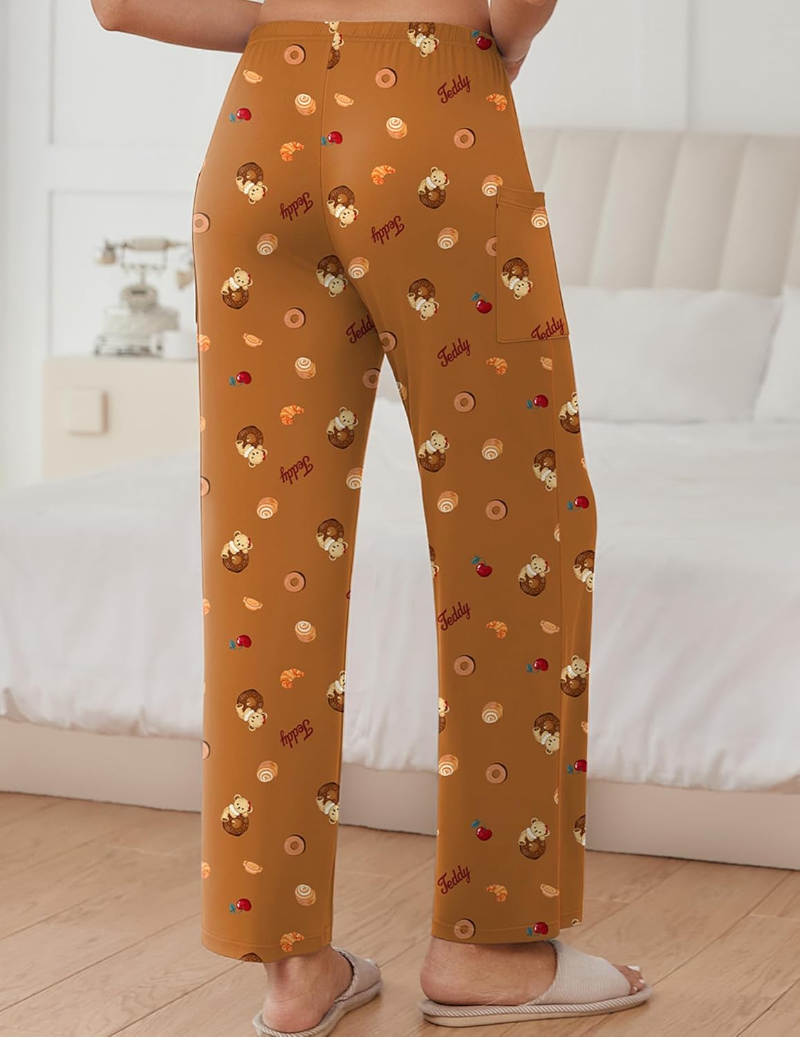 Brown teddy pajama pants with cute character pattern, elastic waistband, relaxed straight fit