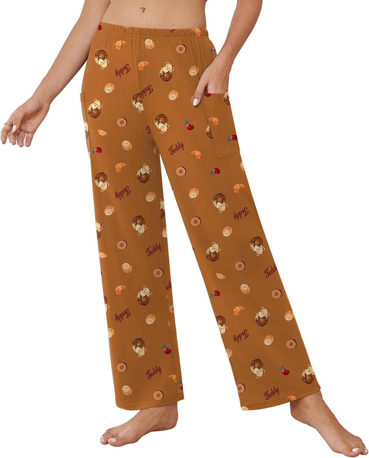 Teddy pajama pants, brown allover print with elastic waist and straight wide legs