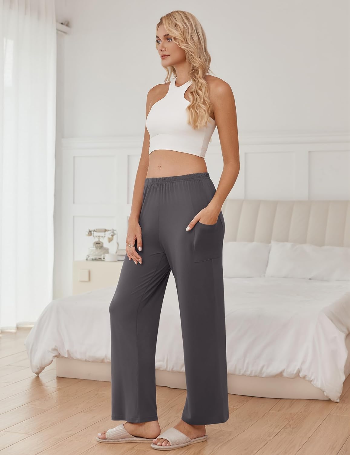 Teddy-Pyjama-Hose, dunkelgrau, weiter Schnitt mit elastischem Bund