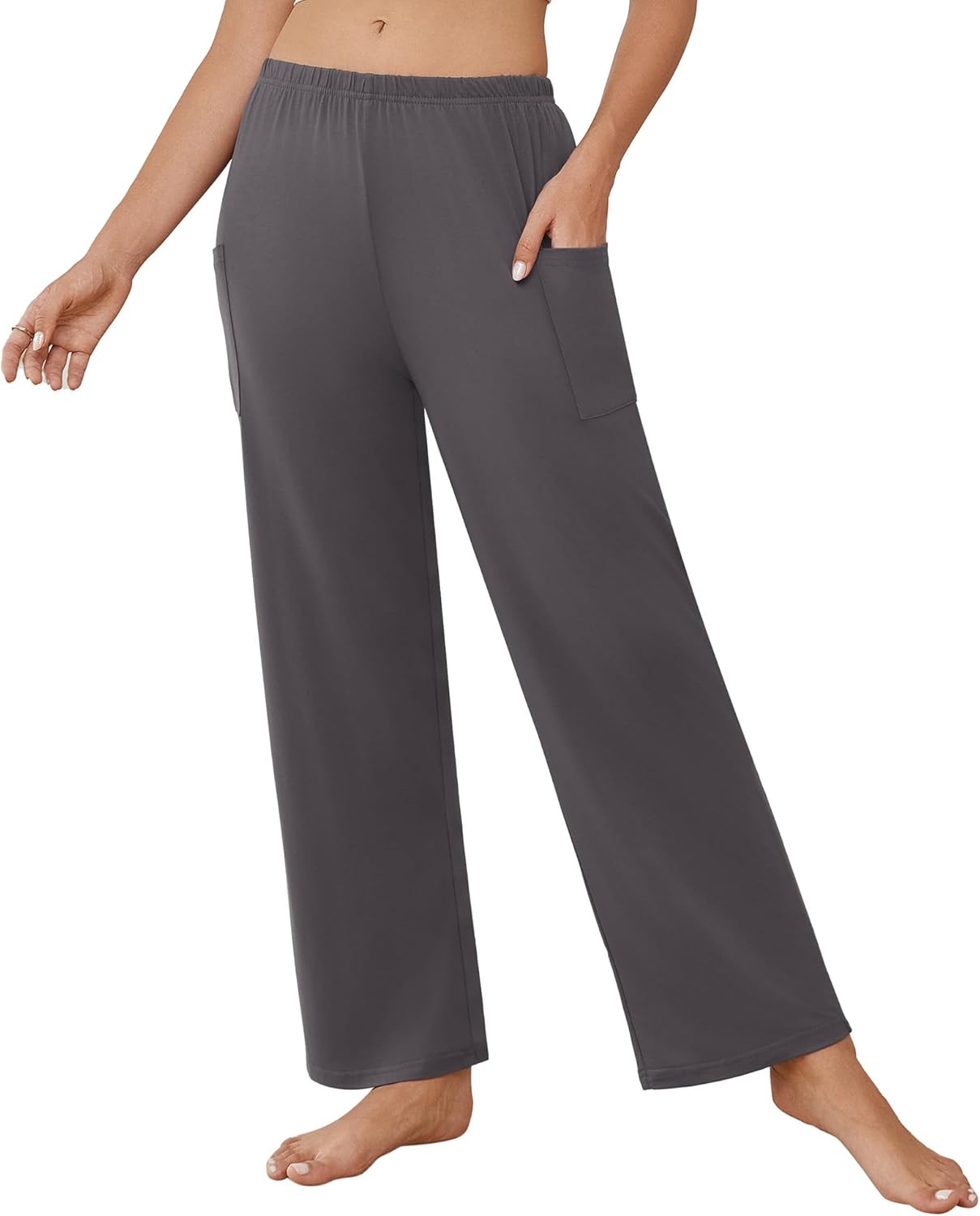 Dark gray pajama pants with elastic waistband and relaxed wide-leg fit