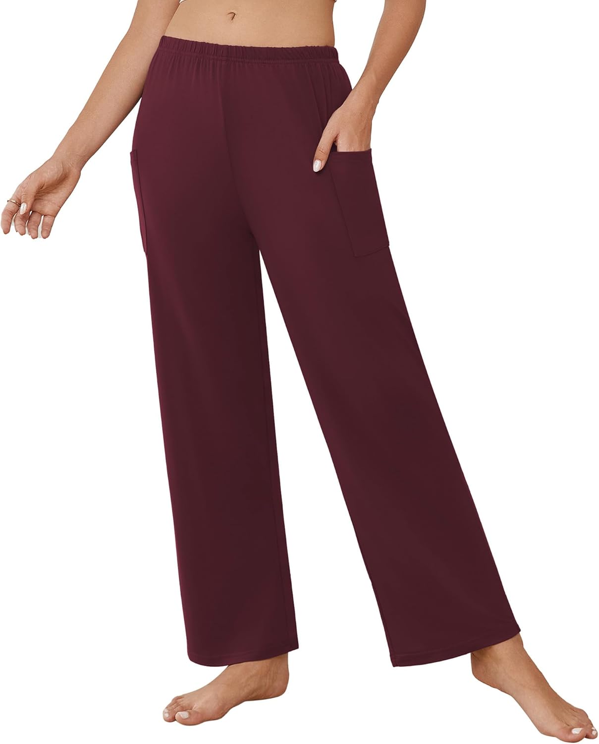 Teddy-Pyjama-Hose, dunkelrot, elastischer Bund und seitliche Taschen