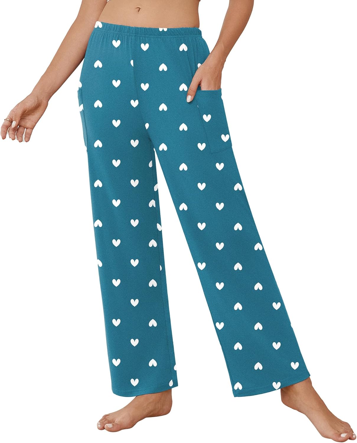 Teddy-Pyjama-Hose petrolblau mit weißen Herz- und Tropfenmustern, lockere Passform