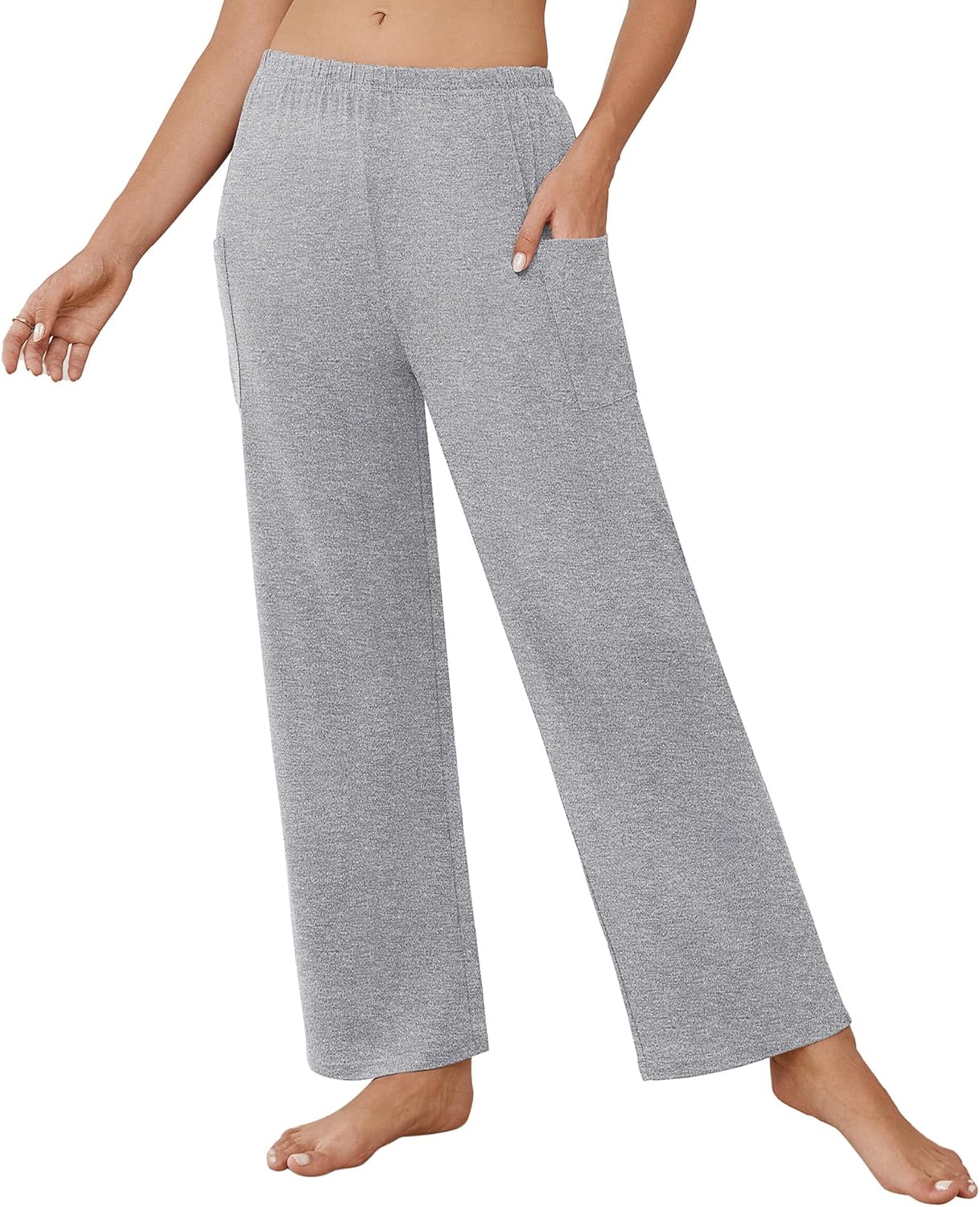 Soft teddy pajama pants, light gray melange, elastic waistband and wide leg
