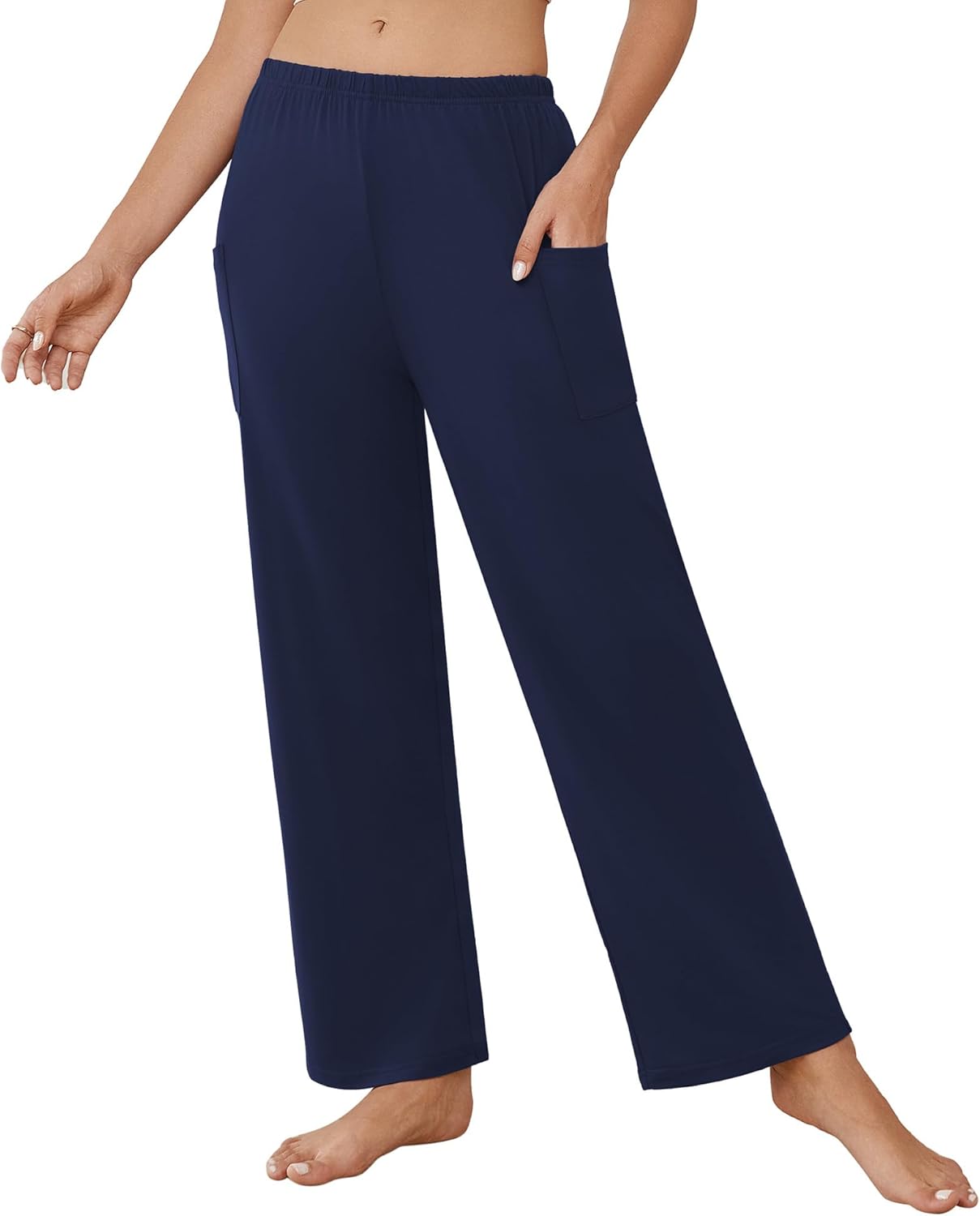 Navy teddy pajama pants with elastic waistband and side pockets, wide-leg