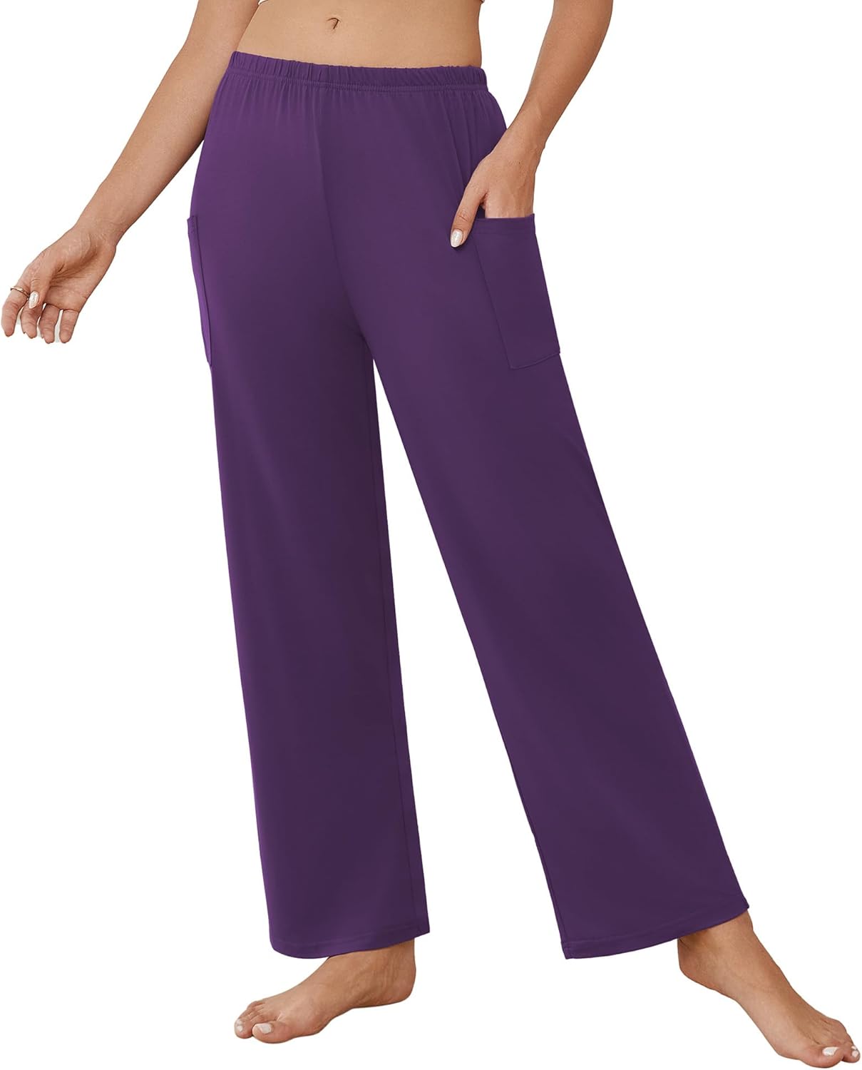 Purple teddy pajama pants with elastic waistband and side cargo pocket, straight relaxed legs