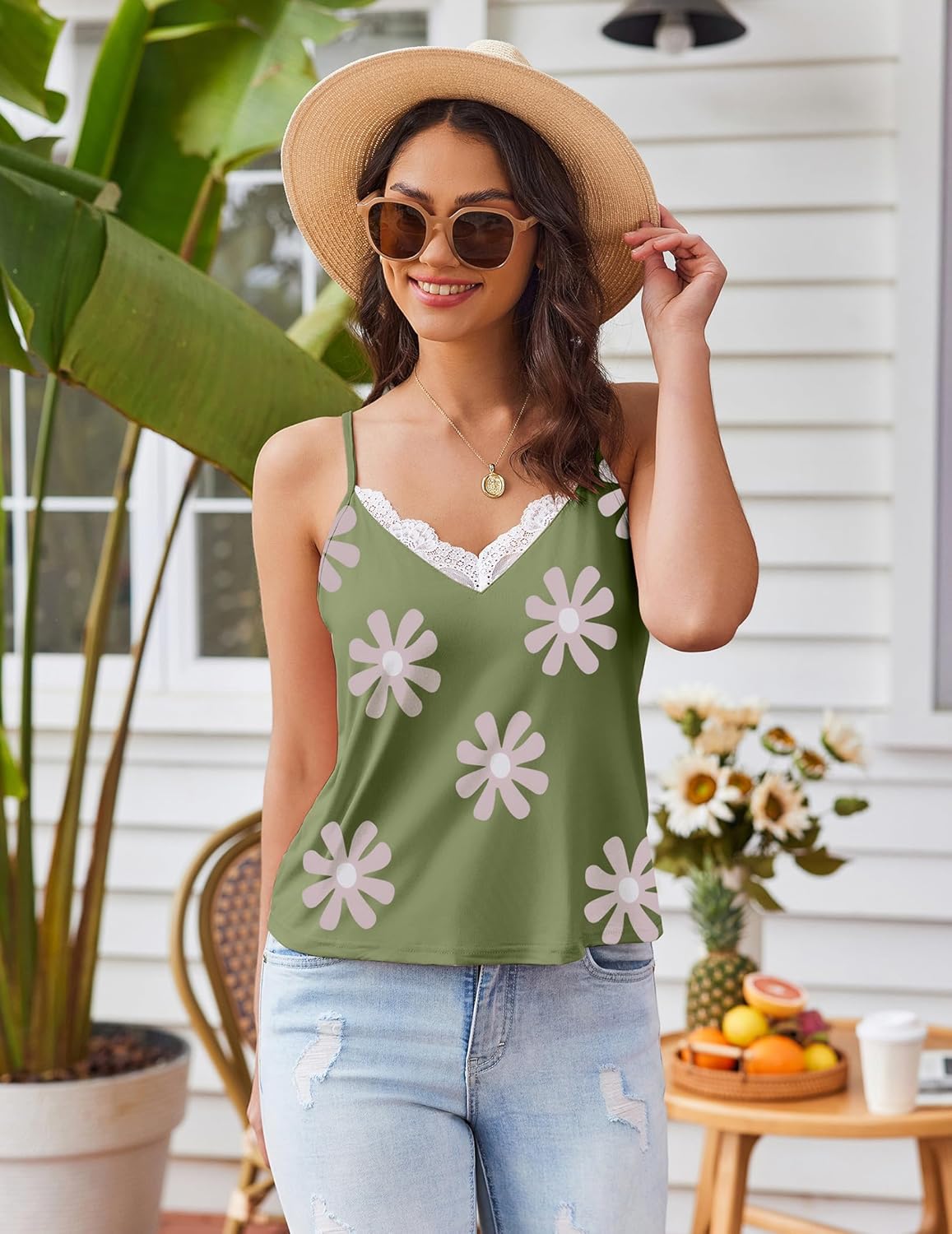 Green daisy print cami pajama set with lace V-neck and matching shorts