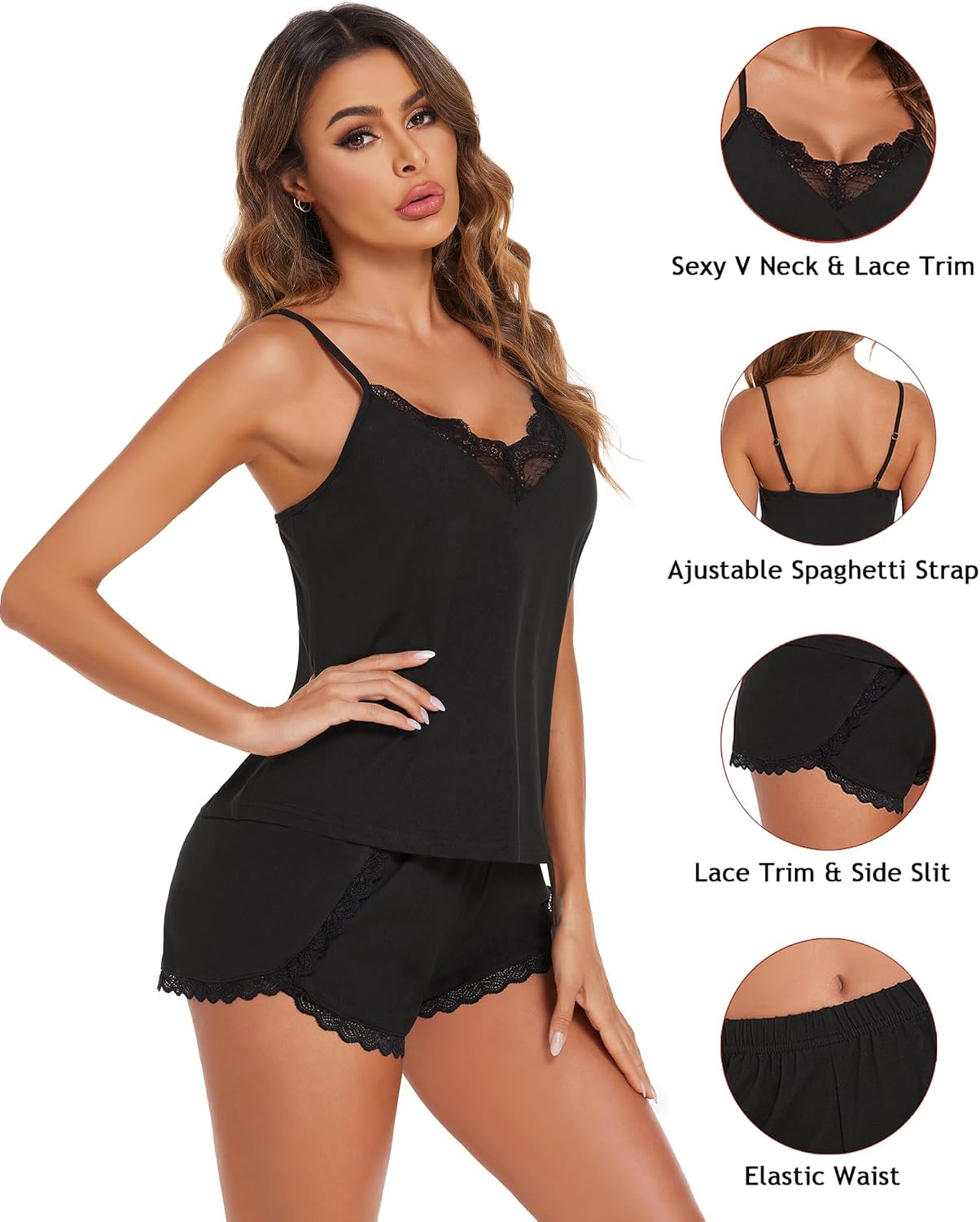 Conjunto pijama negro con cami de encaje y shorts, cintura elástica y dobladillo calado