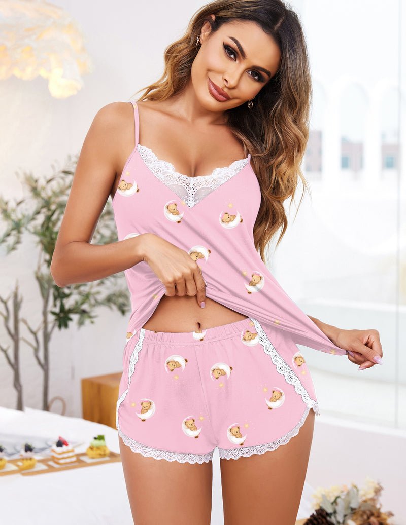Conjunto de pijama rosa de 2 piezas: cami con encaje y shorts con estampado de ositos