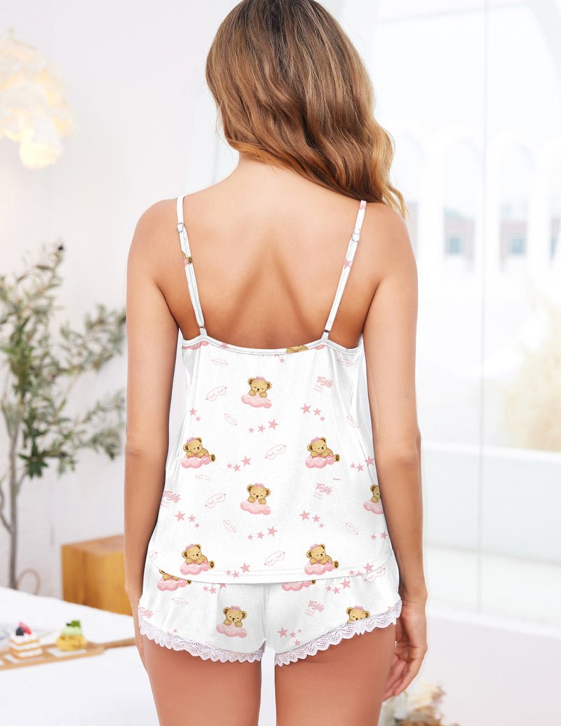 Back view: white teddy print cami and shorts with lace trim on teddy pajama set