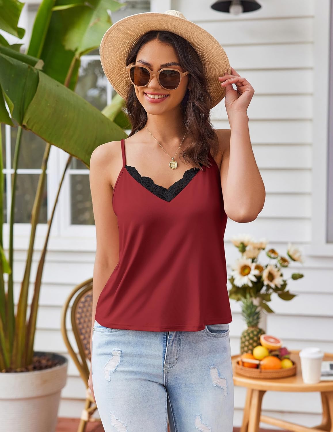 Teddy Pajama Set, wine red V-neck camisole with black lace trim