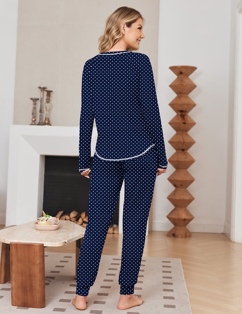 Marineblauer 2-teiliger Pyjama-Set mit gepunkteten langen Ärmeln und Joggerhose