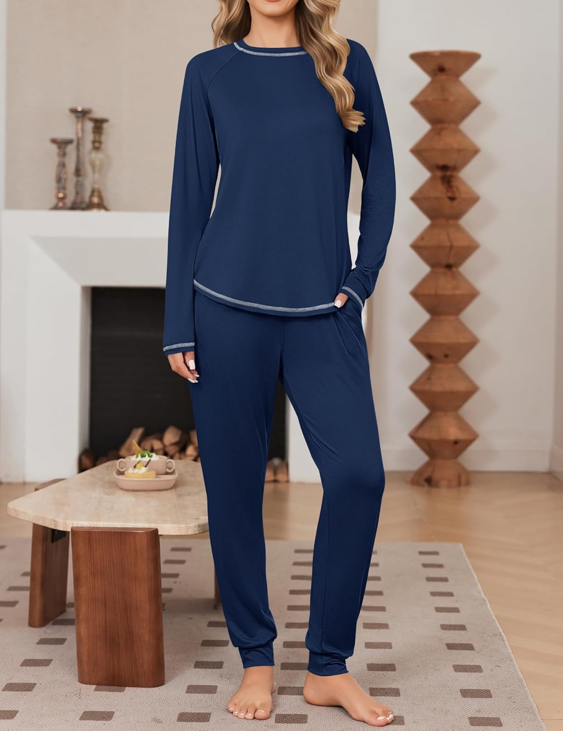 Solid navy pajama set with long sleeves and joggers, contrast trim on cuffs and hem