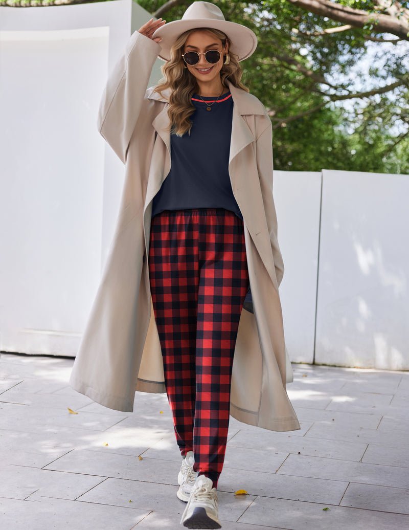 Navy long-sleeve pajama top with red-and-black plaid jogger pants, lounge set