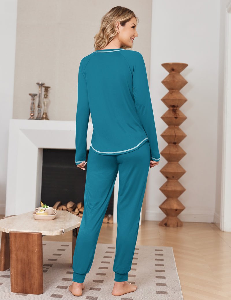 Teddy-Pyjama-Set: Langarmtop & Jogger, Petrolblau (Rückansicht)