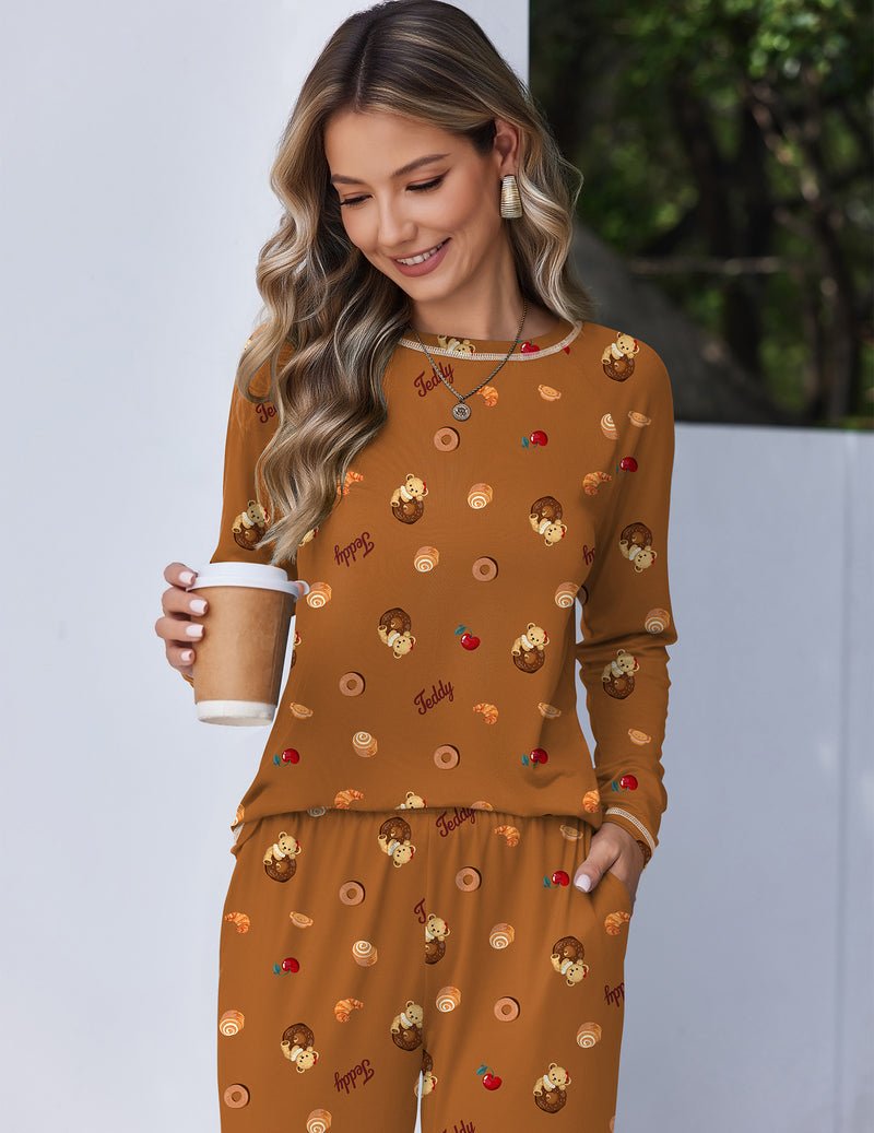 Brauner 2-teiliger Pyjama mit langen Ärmeln und Teddy-Print Joggerhose