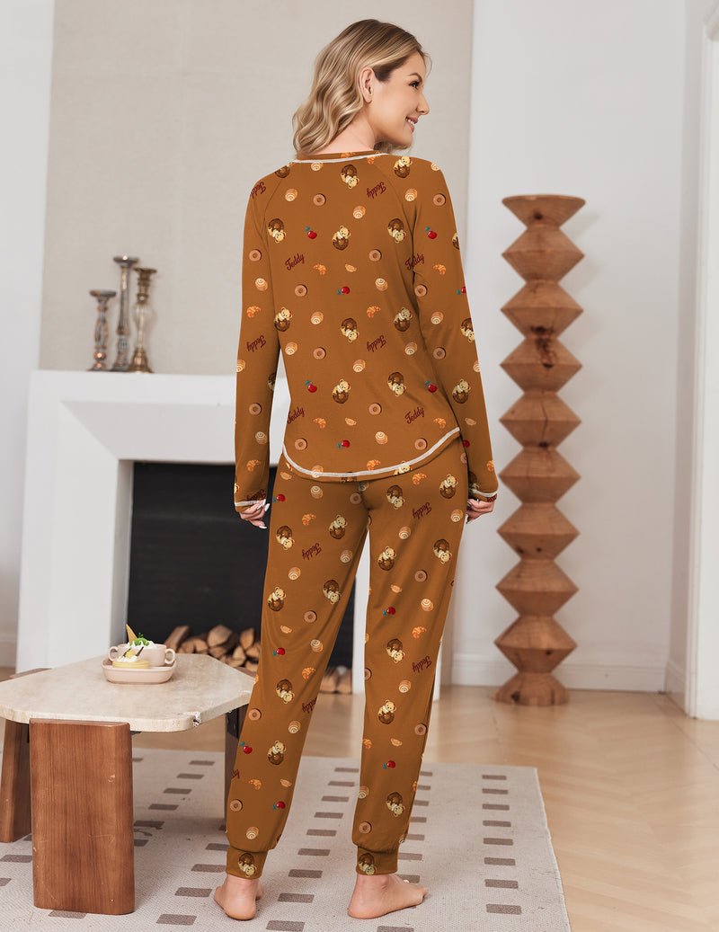 Brauner 2-teiliger Pyjama-Set mit langen Ärmeln und Teddy-Muster Joggerhose