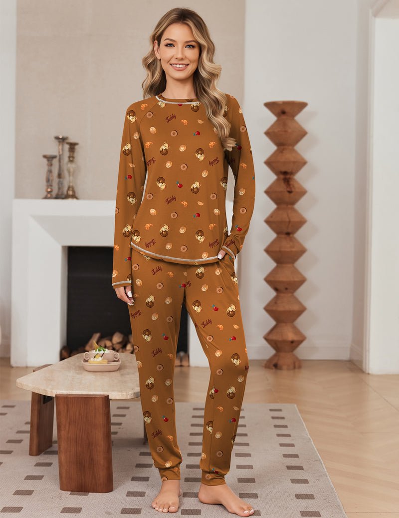 Brauner 2-teiliger Pyjama mit langen Ärmeln und Teddy-Motiv-Joggerhose