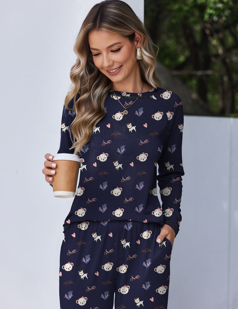 Navy teddy-print long-sleeve top and matching jogger pants set