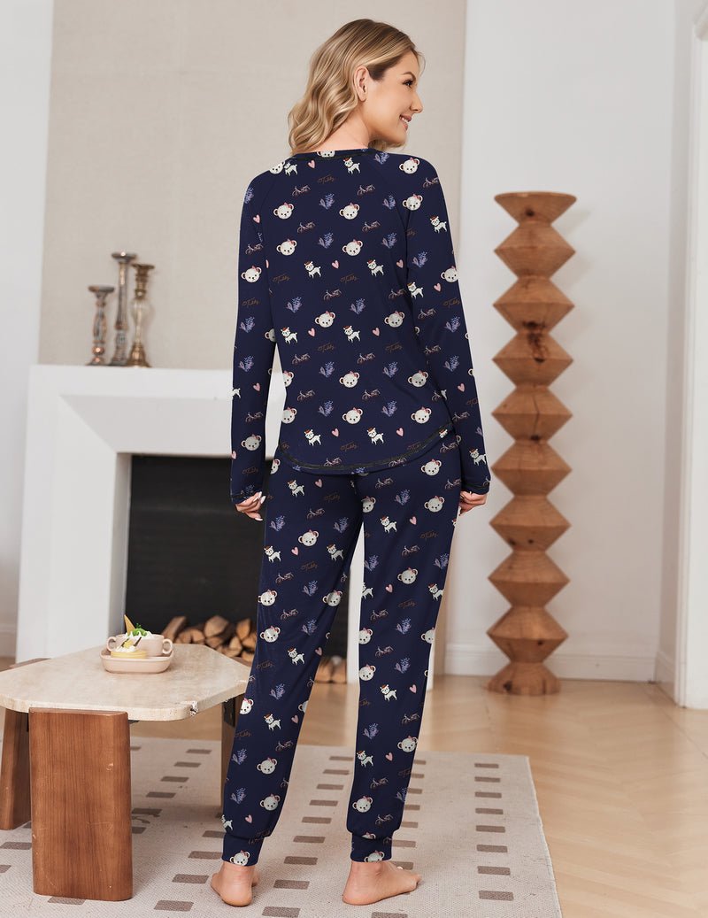 Back view of navy teddy-print long-sleeve pajama top and jogger pants set