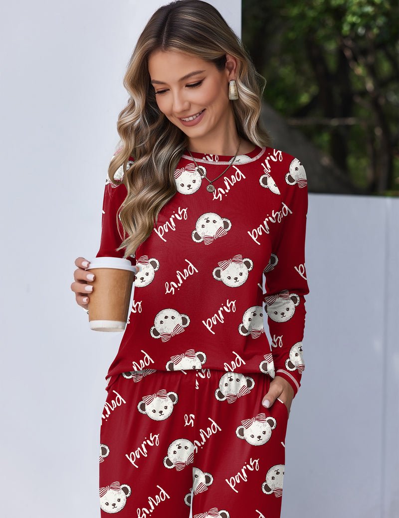 Roter 2-teiliger Pyjama mit Teddy-Print, langen Ärmeln und Joggerhose